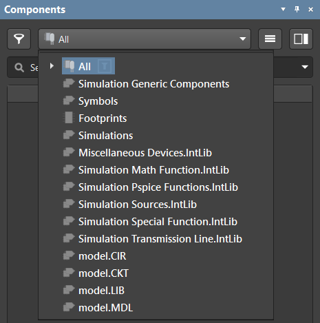 Доступные библиотеки и файлы моделей устанавливаются и доступны через панель Components.