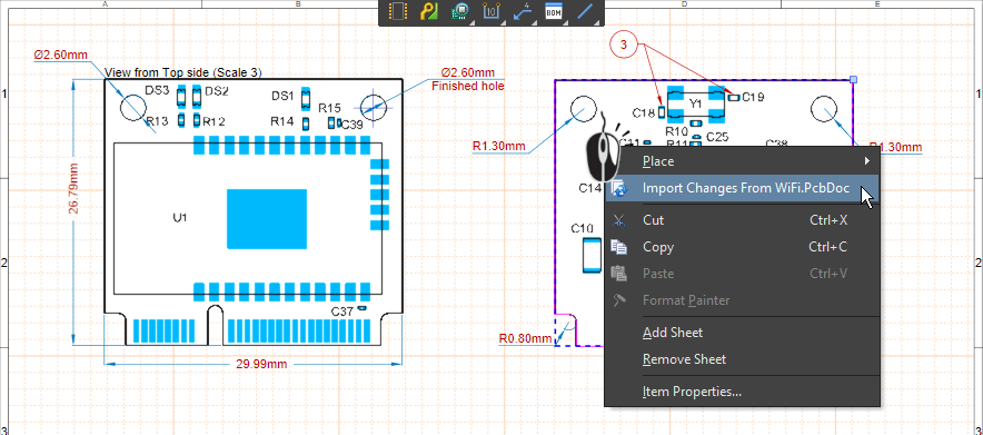 Right-click anywhere on the document to import changes from the PCB document