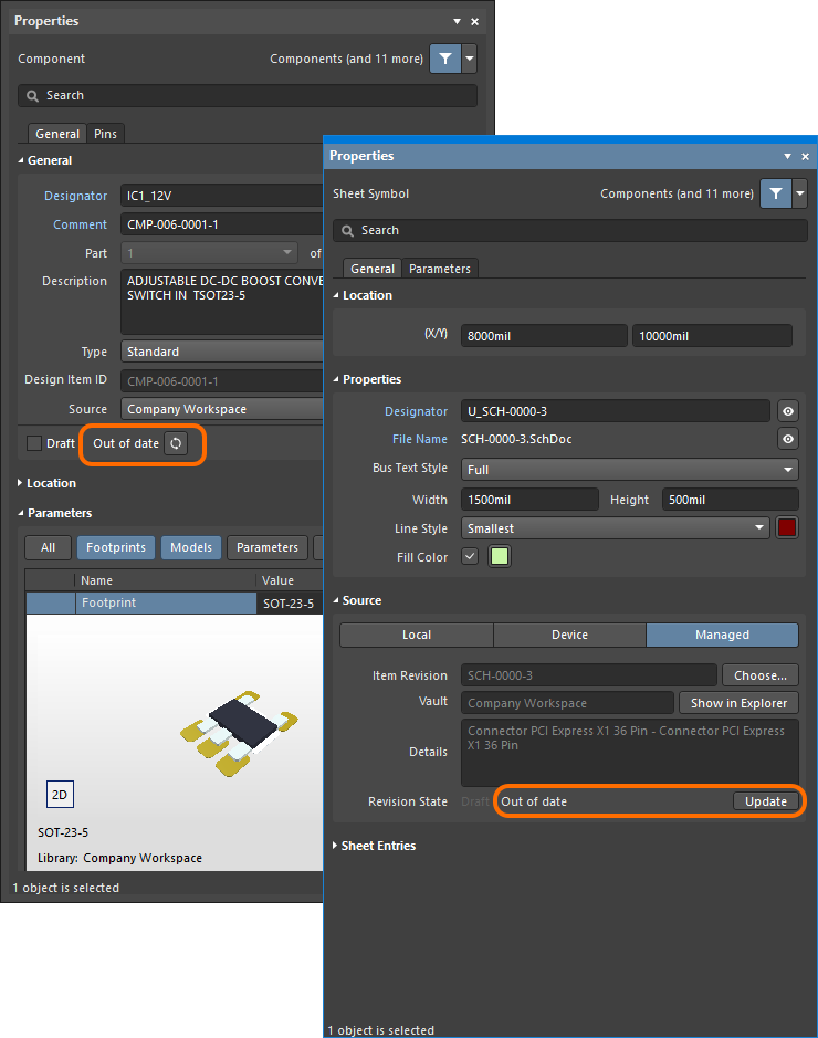 The out-of-date state of a component or managed schematic sheet is indicated in the Properties panel when the object is selected. A button for updating the selected object to its latest revision is provided.