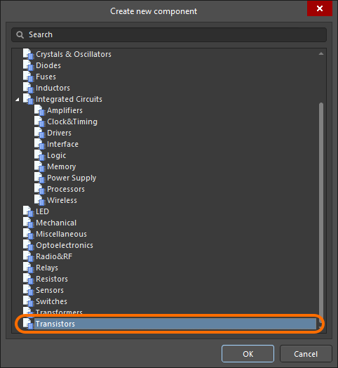Create new component dialog, transistor creation