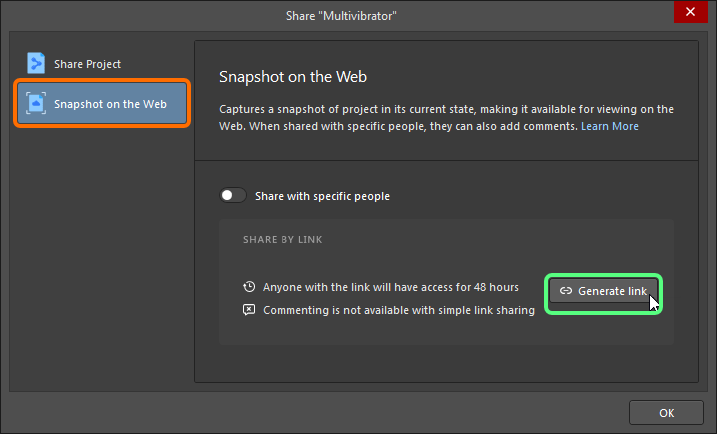 Share dialog, sharing snapshot by link