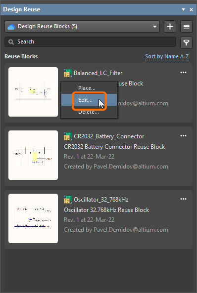 Open a reuse block or snippet for editing using the Edit command from within its tile in the panel.
