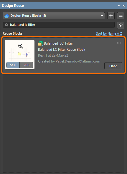 Information about and controls for a reuse block or snippet are presented in a tile within the panel.