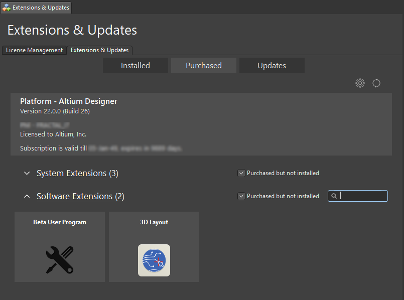 The Beta User Program and 3D Layout extensions will appear in the Purchased tab once you have been granted access.