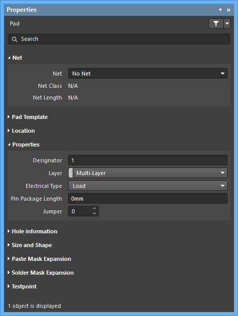 Example properties dialog for a Pad object.