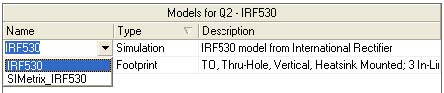 Figure 2: The IRF530 Simulation models for the component in the Component Properties dialog