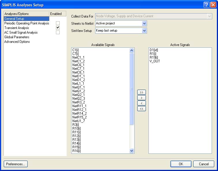 Figure 3: Choosing options in the Analyses Setup dialog for SIMPLIS simulator