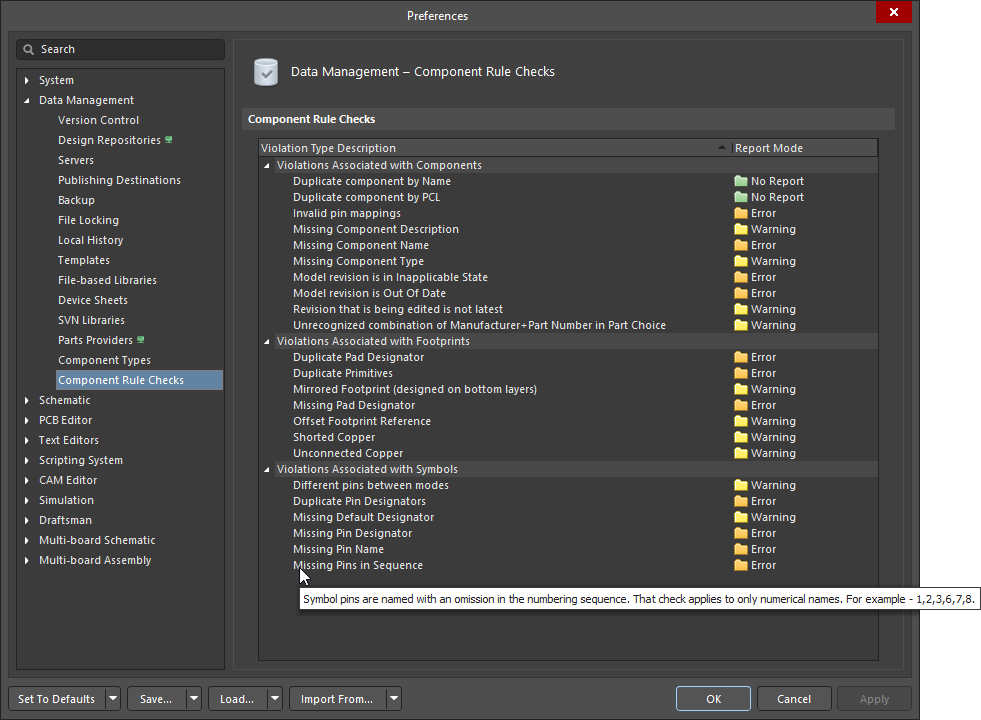 The Data Management – Component Rule Checks page of the Preferences dialog