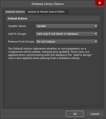 Database Library Options dialog, showing the Default Update options