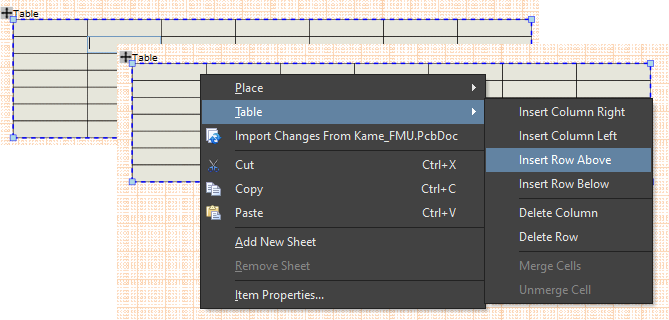 Drag a selected table's Move icon to reposition it in the design space. Right-click in a cell to access row/column manipulation options.
