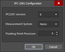 Define export settings in the IPC-2581 Configuration dialog.