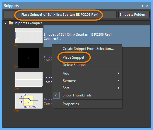 Placing a Snippet from the Snippets panel.