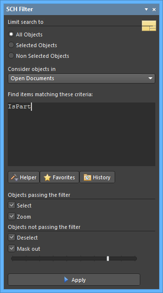 Quickly locate and highlight objects using logical queries in the SCH Filter panel.