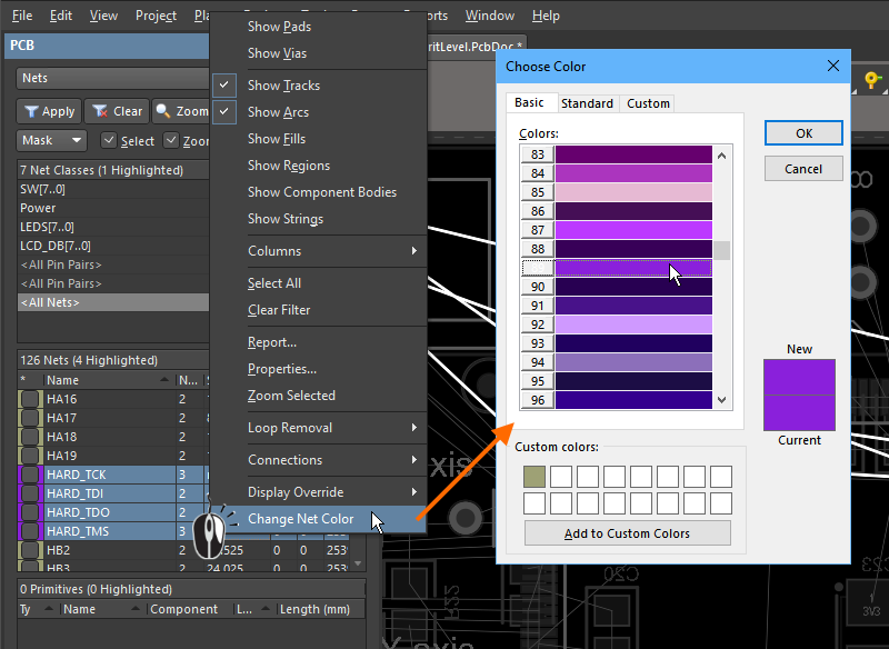 In the PCB panel, right-click on selected nets to change the net color.