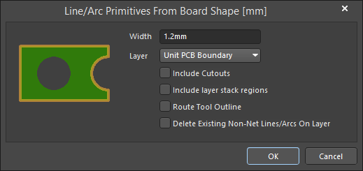 The Line/Arc Primitives From Board Shape dialog