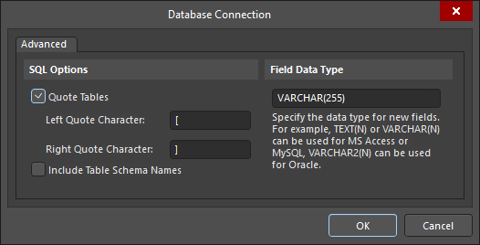 The Advanced tab of the Database Connection dialog provides additional SQL options for quoting tables, or using table schema names, in a constructed Where clause. 