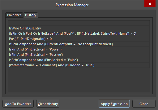 The History tab of the Expression Manager dialog provides a listing of query expressions used in the past. Here, an example of historical queries for the Schematic is shown. Hover the mouse over the image to see a similar example list for the PCB.