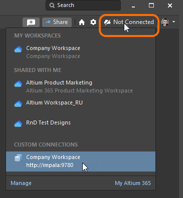 Connecting to your Concord Pro Workspace from within Altium Designer, when that Workspace is already known.