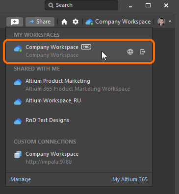 Verification of being connected to your Workspace. Shown here is an example for an Altium 365 Workspace. Hover the cursor over the image to see an example for an Enterprise Server Workspace.