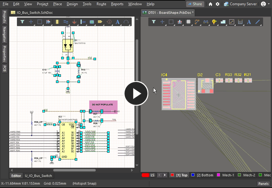Animation demonstrating how to use cross selection from the schematic to the PCB