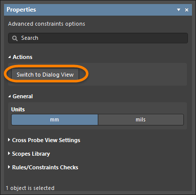 Switching back to the PCB Rules and Constraint Editor dialog from the Constraint Editor view.