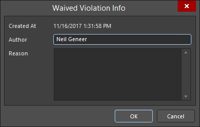 The Waived Violation Info dialog