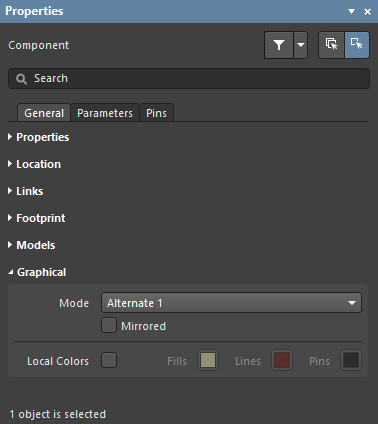 Schematic component properties, selecting an Alternate graphical mode