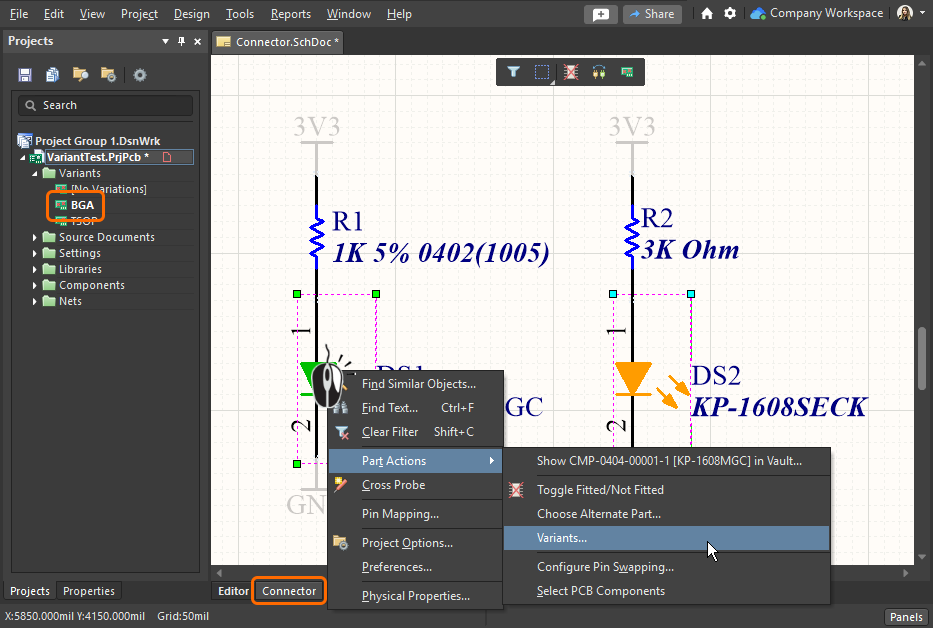 Modifying the variant properties of components selected on the schematic