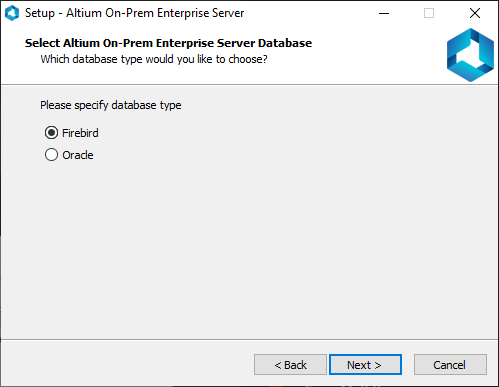 Select the type of database for the Enterprise Server's back-end.