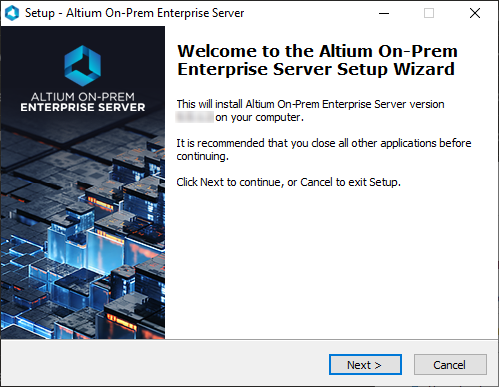 Initial welcome page for the Altium On-Prem Enterprise Server Setup wizard.