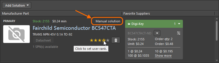 Use the manual solution feature when the part does not include supply chain details.