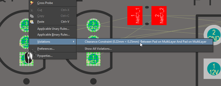 Right-click on a violation to examine what rule is being violated, and the violation conditions. In this image the display is in single layer mode, with the Top Layer as the active layer.