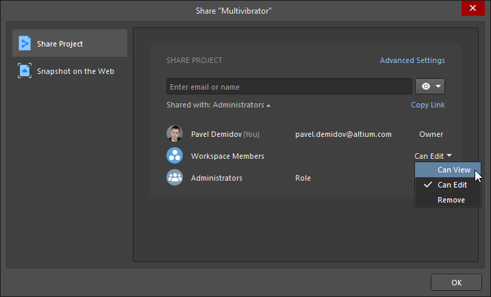 Change access to the project permissions from the Share dialog.