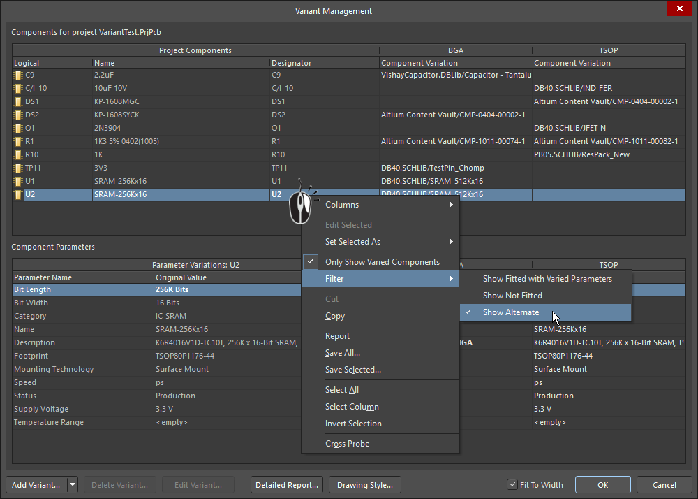 The Variant Management dialog, with columns hidden and a filter applied to only show components that use an Alternate Part.