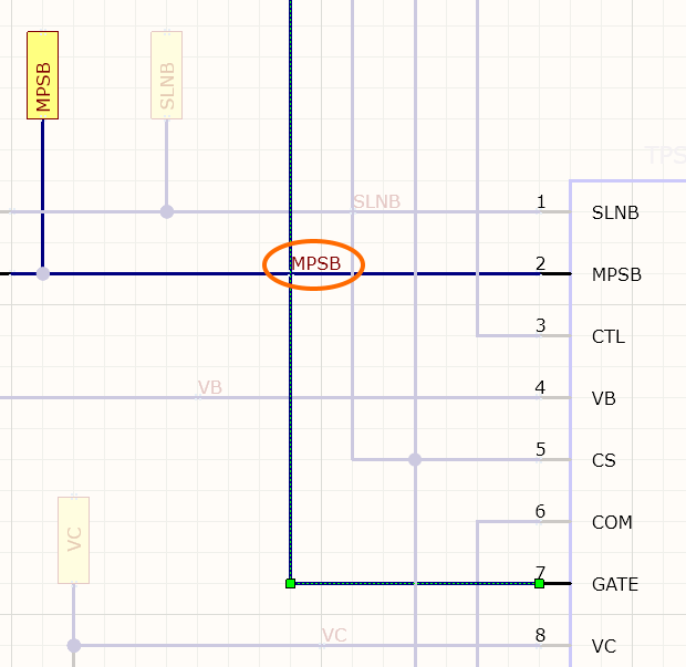 The net MPSB and the net GATE are shorted together, due to the location of the MPSB Net Label. Note that the SLNB Net Label also shorts two nets. 