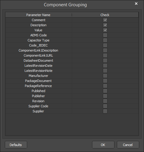 The Component Grouping dialog