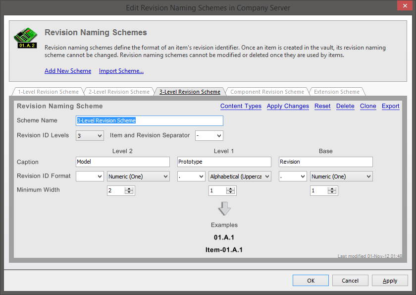 The 3-Level Revision Scheme tab of the Edit Revision Naming Schemes dialog.