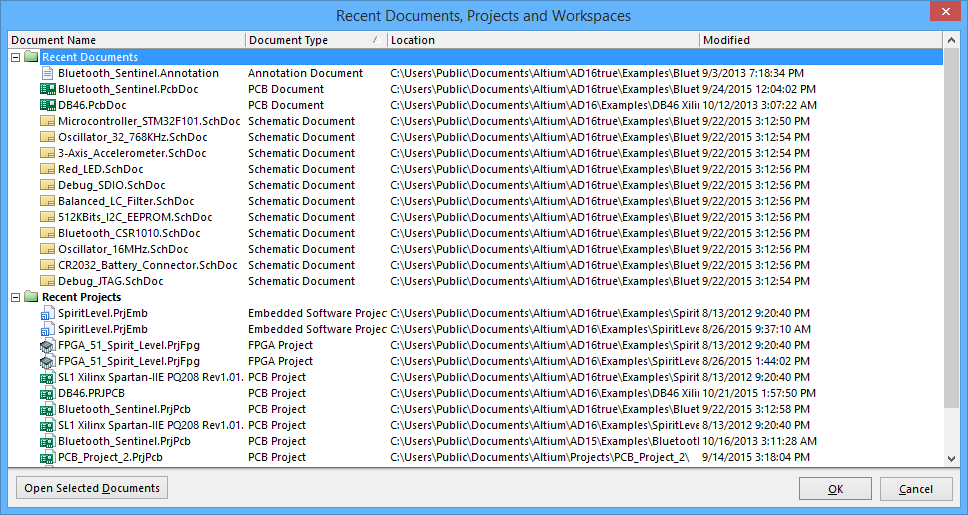  The Recent Documents, Projects and Workspaces dialog