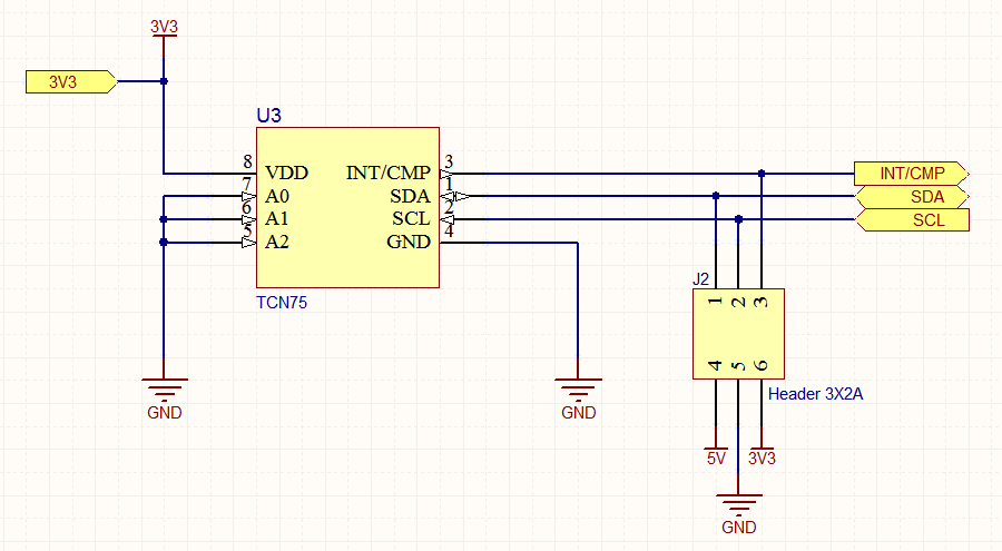Here the 3V3 power net has been localized for just this sheet, so must also be manually wired on the parent sheet. The GND and 5V nets remain as global power nets.