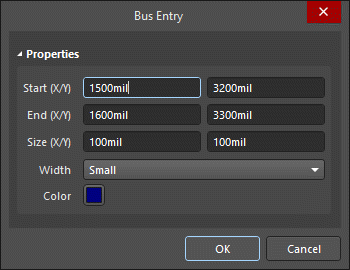 The Bus Entry dialog, on the left, and the Bus Entry mode of the Properties panel on the right