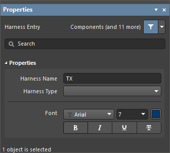 The Harness Entry dialog, on the left, and the Harness Entry mode of the Properties panel on the right