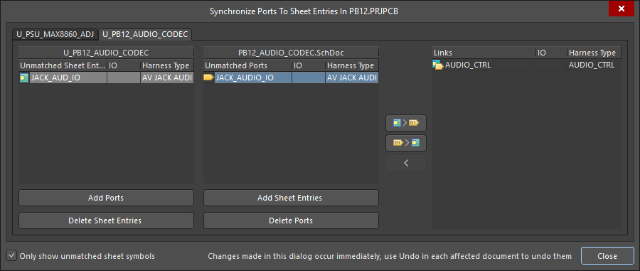 The Synchronize Ports to Sheet Entries dialog is used to ensure that the Sheet Entries match with the Ports on the child sheet.

Note the two tabs; that means there are two Sheet Symbols that have Sheet Entry / Port mismatches in this design.