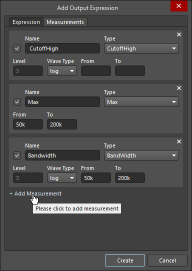 Measurements are added and configured for an Output Expression.