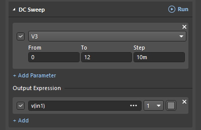Setting parameters and output expressions in the DC Sweep mode.