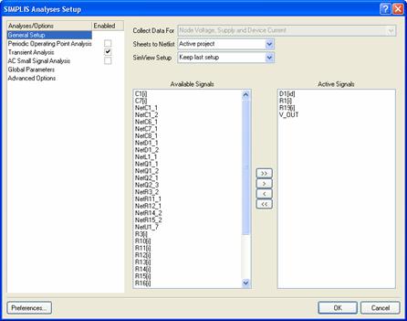 Figure 3: Choosing options in the Analyses Setup dialog for SIMPLIS simulator