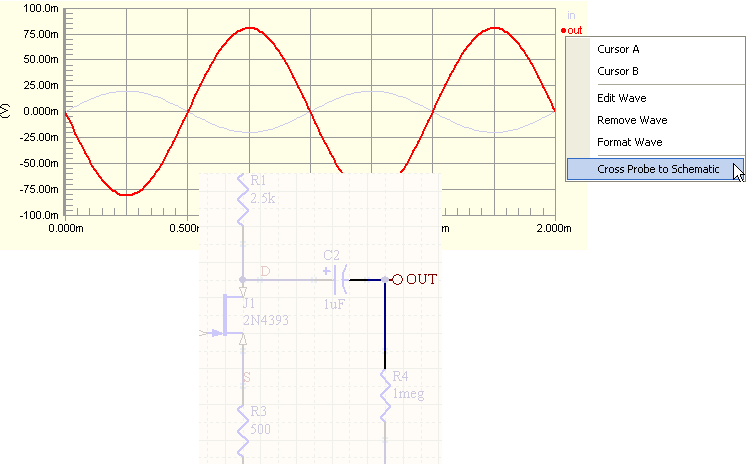 Figure 48 illustrates an example of cross probing to a schematic, where the portion of the circuit associated with the OUT net is highlighted.