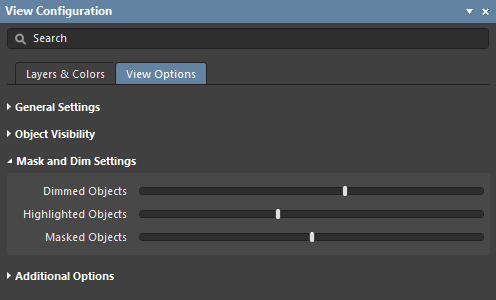 The Mask and Dim Settings section of the panel's View Options tab