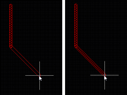 Track placement with Look-Ahead on (first image) and off (second image). The next mouse click will place the hatched track segments.