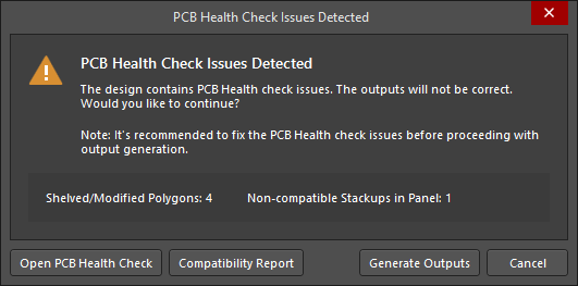The PCB Health Check Issues Detected dialog.