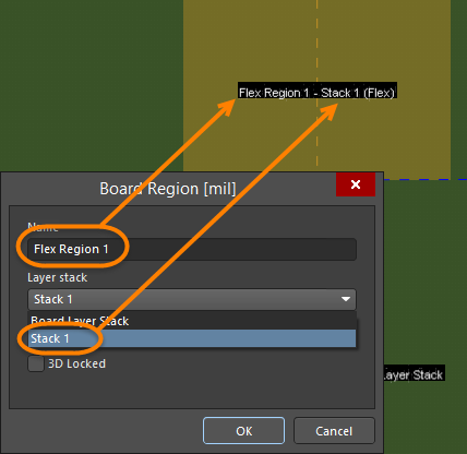 Double-click on a board region to define the region's name and assign a layer stack.